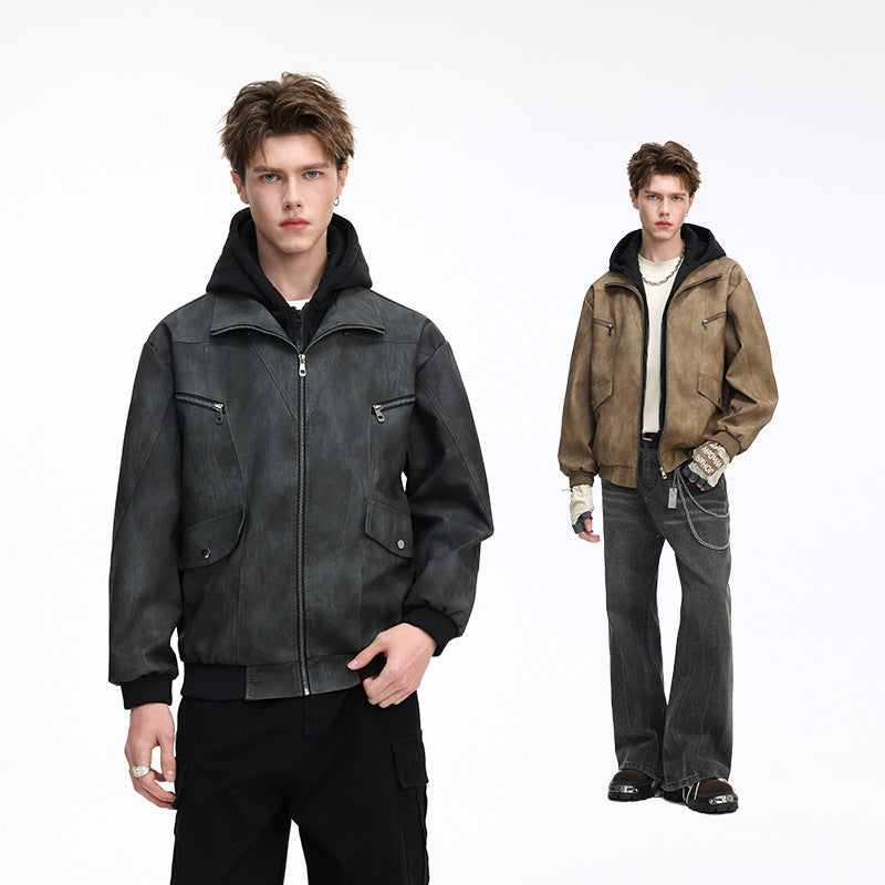 Herren Oversize-Blouson aus Kunstleder mit abnehmbarem Kapuzen‑Einsatz, Stehkragen und Utility‑Taschen Nord Taschen