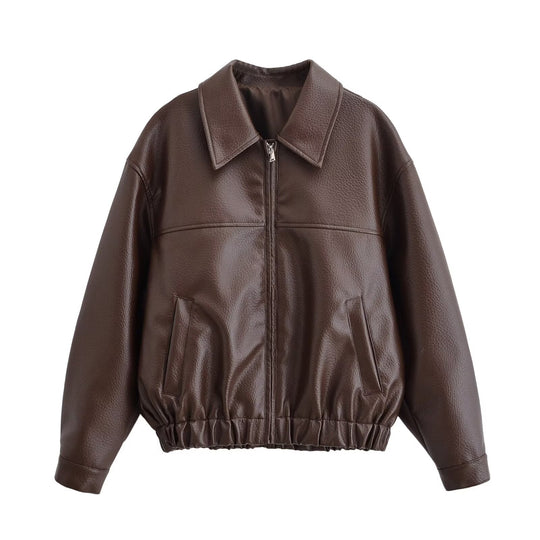 Damen Oversized Kunstleder-Bomberjacke mit Hemdkragen Reißverschluss und elastischem Saum Nord Taschen