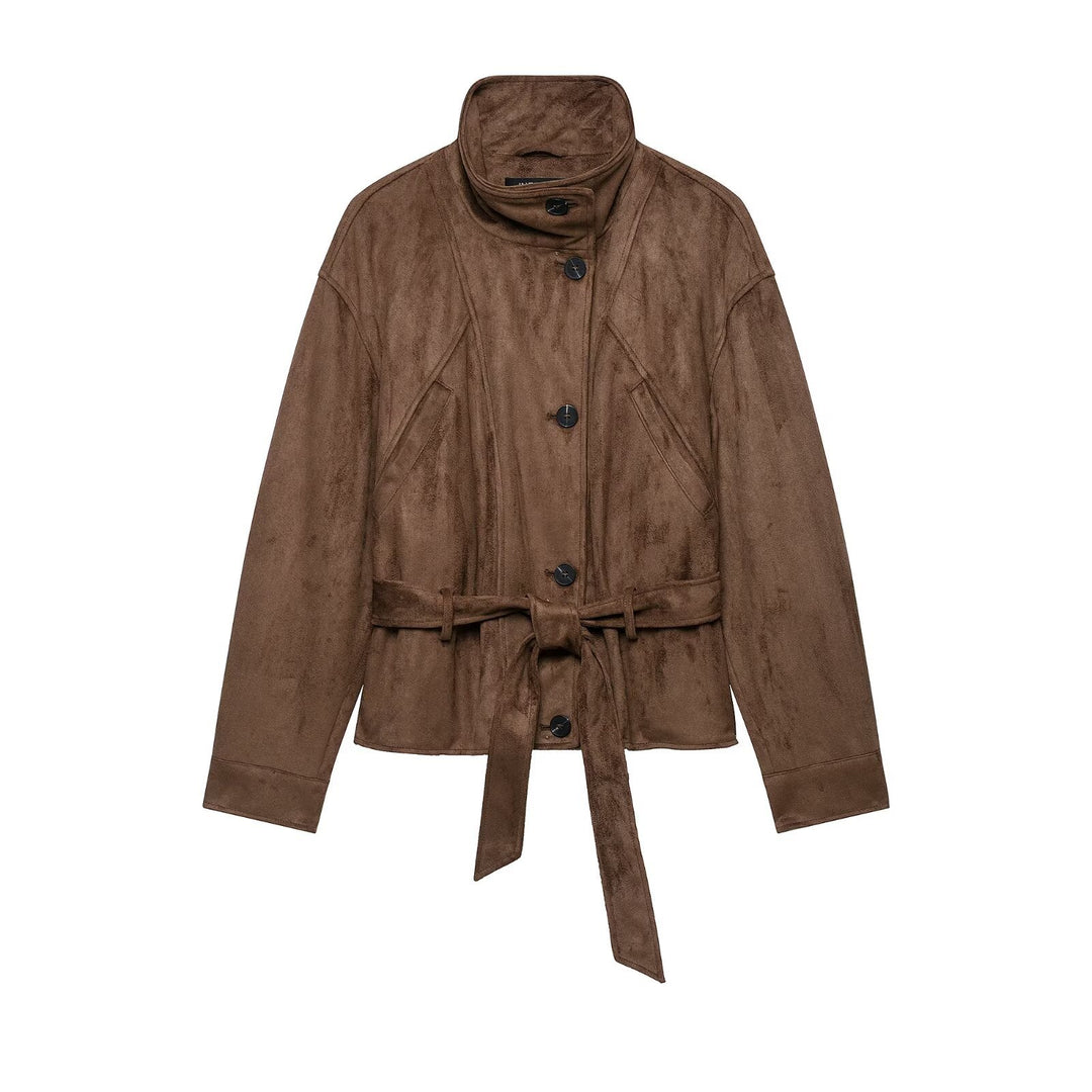 Damen Kurzjacke im Wildleder‑Look mit hohem Stehkragen, dekorativen Teilungsnähten und Bindegürtel Nord Taschen