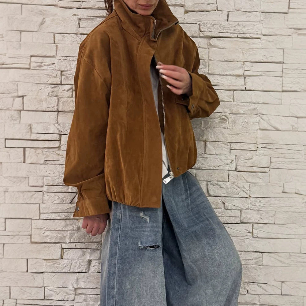 Damen Oversize Veloursleder-Blouson mit hohem Stehkragen und Metallreißverschluss Nord Taschen