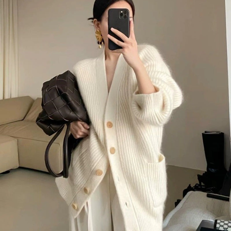 Damen Langer Oversize-Cardigan aus weichem Rippstrick mit Holzknopfleiste Nord Taschen