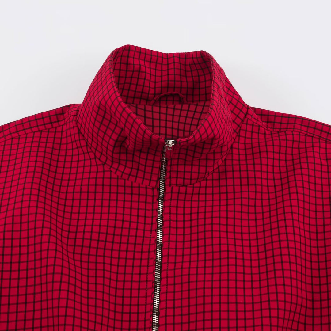Damen Karierter Cropped-Blouson mit hohem Stehkragen, weitem Schnitt und Druckknopfmanschetten Nord Taschen