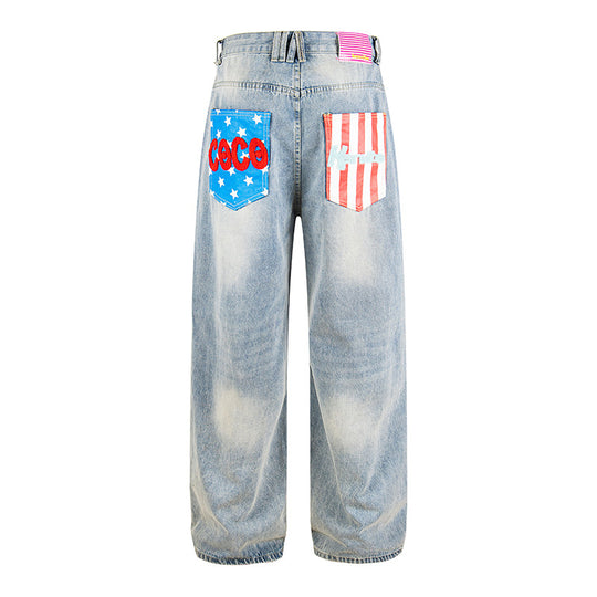 Damen Weite High‑Waist Jeans im Vintage-Look mit elastischem Saum und Statement-Stickerei Nord Taschen