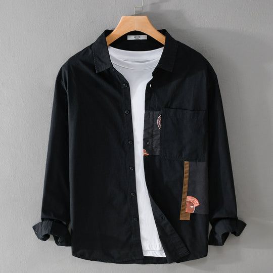 Herren Leichtes Baumwoll-Overshirt mit Brusttasche und abstraktem Grafikpatch Nord Taschen