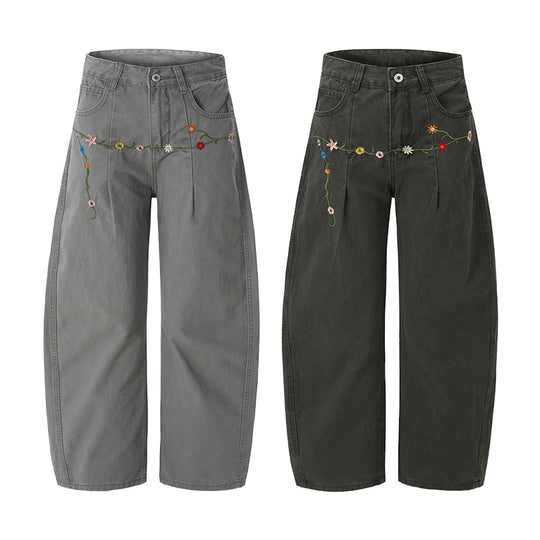 Damen Extraweite Denim-Palazzohose mit floraler Stickerei Nord Taschen