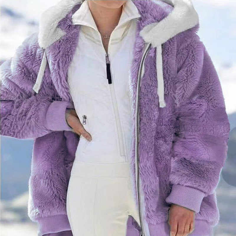 Damen Oversized Sherpa-Zipjacke mit Kontrastkragen, Rippbündchen und Kordelzug Nord Taschen