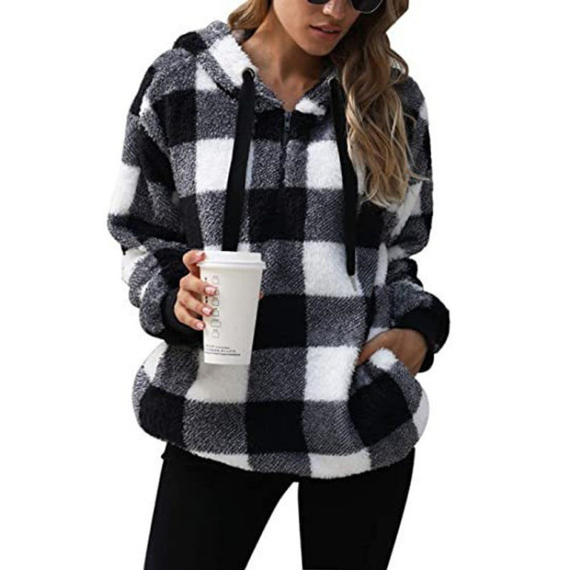 Damen Oversized Sherpa-Hoodie im Karomuster mit halbem Reißverschluss und Kängurutasche Nord Taschen
