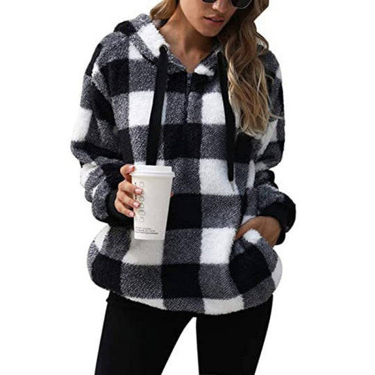 Damen Oversized Sherpa-Hoodie im Karomuster mit halbem Reißverschluss und Kängurutasche Nord Taschen