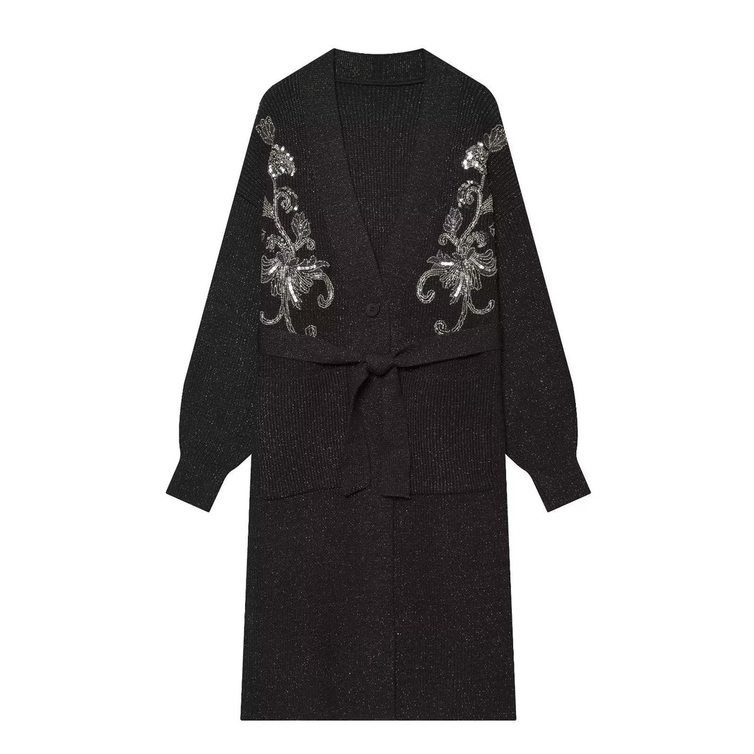 Damen Langer Strickcardigan mit Taillengürtel und Pailletten‑Stickerei Nord Taschen