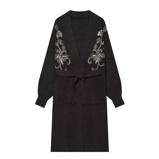 Damen Langer Strickcardigan mit Taillengürtel und Pailletten‑Stickerei Nord Taschen