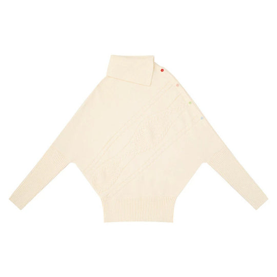 Damen Oversize-Pullover mit Rollkragen, asymmetrischer Schulter-Knopfleiste und Zopfstrick-Details Nord Taschen