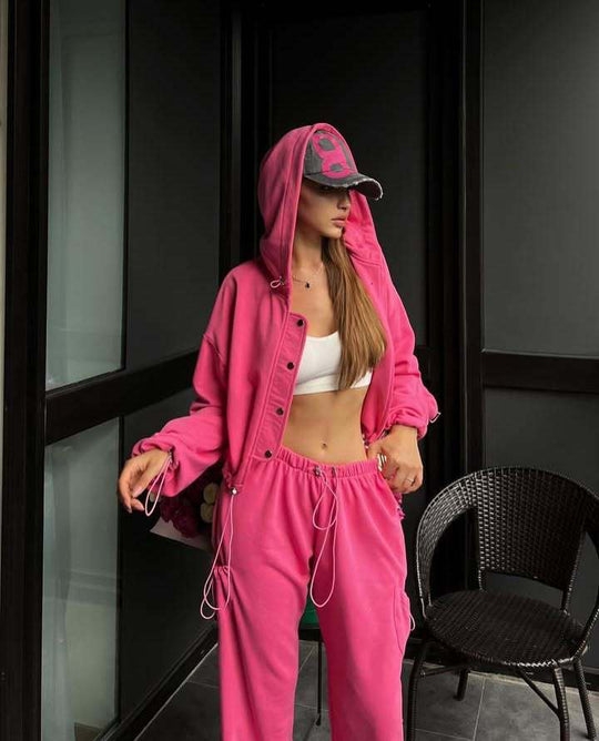 Damen lässiges Zweiteiler-Hoodie-Set mit verlängerter Kapuzenjacke und hochgeschnittener Taillen-Jogginghose Nord Taschen