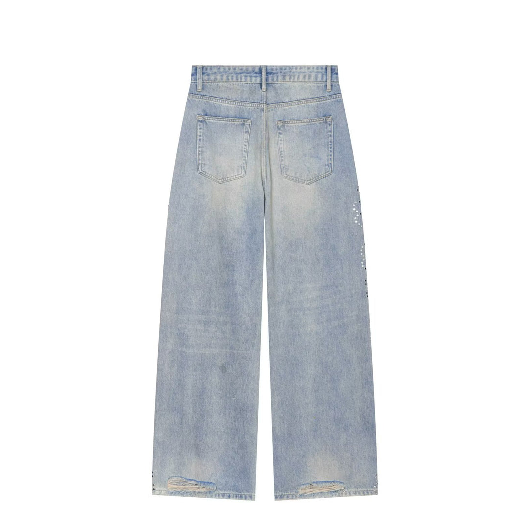 Damen High Waist Jeans mit weitem Bein, Destroyed-Details und Nietenapplikation Nord Taschen