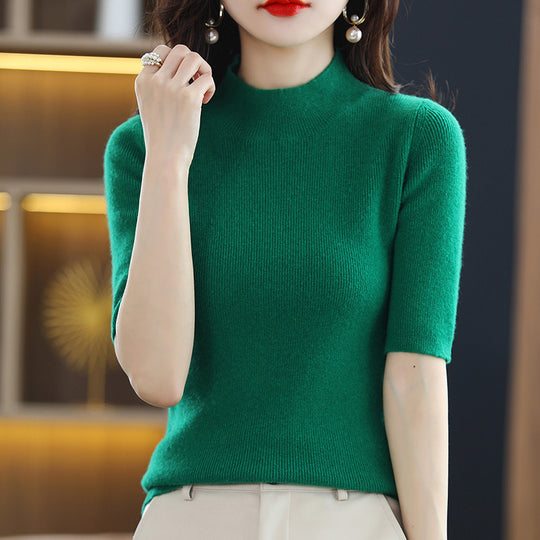 Damen Kurzarm-Feinstrickpullover mit Stehkragen und taillierter Passform Nord Taschen