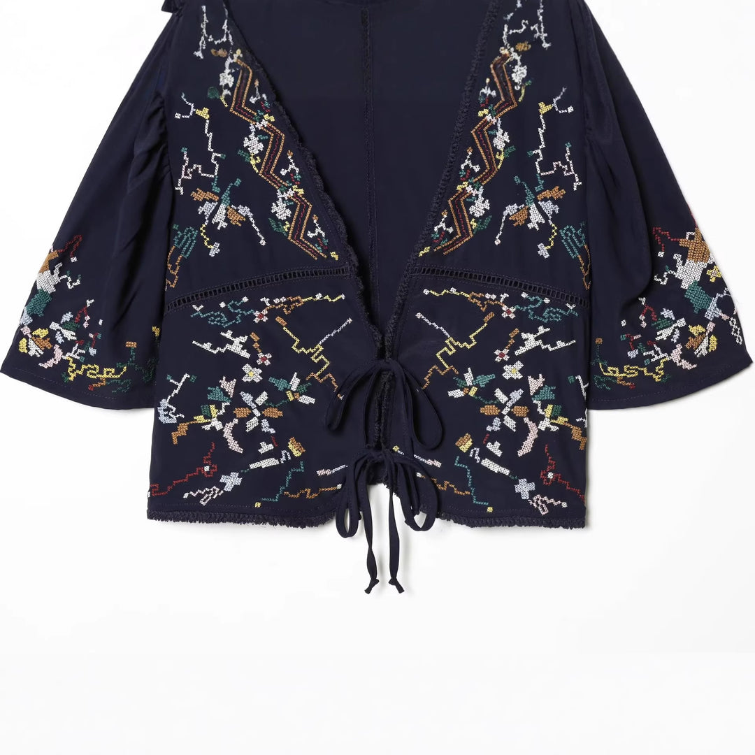 Damen Bestickte Kimono‑Bluse mit Bindebändern und Zierhäkelkante Nord Taschen