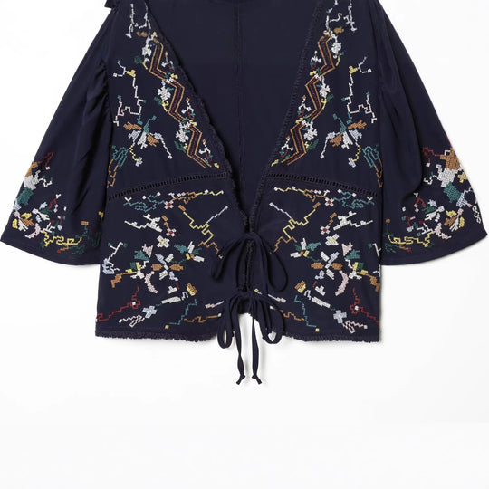 Damen Bestickte Kimono‑Bluse mit Bindebändern und Zierhäkelkante Nord Taschen