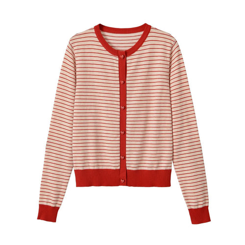 Damen Gestreifter Cropped Feinstrick-Cardigan mit Herzknöpfen und Rippeinfassungen Nord Taschen
