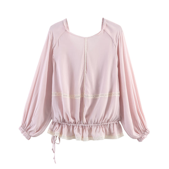 Damen Rüschenbluse mit V‑Ausschnitt, Ballonärmeln und Tunnelzugtaillierung Nord Taschen