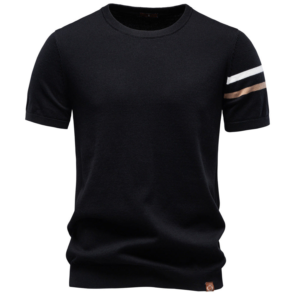 Herren nan feines Baumwollstrickshirt mit Rundhalsausschnitt kurzärmelig und kontrastierenden Ärmelstreifen Nord Taschen