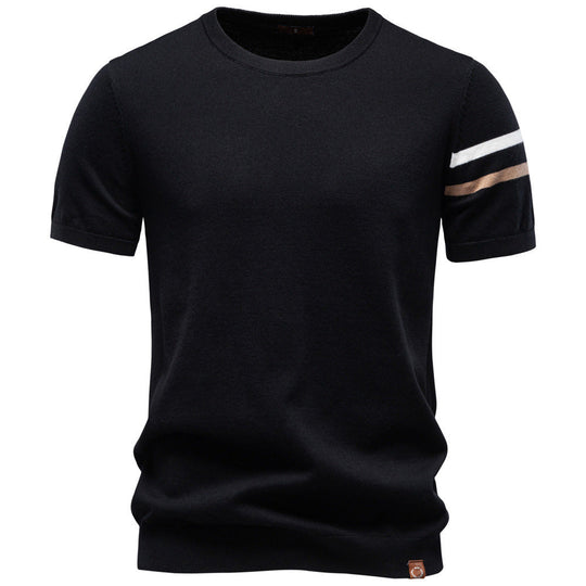 Herren nan feines Baumwollstrickshirt mit Rundhalsausschnitt kurzärmelig und kontrastierenden Ärmelstreifen Nord Taschen