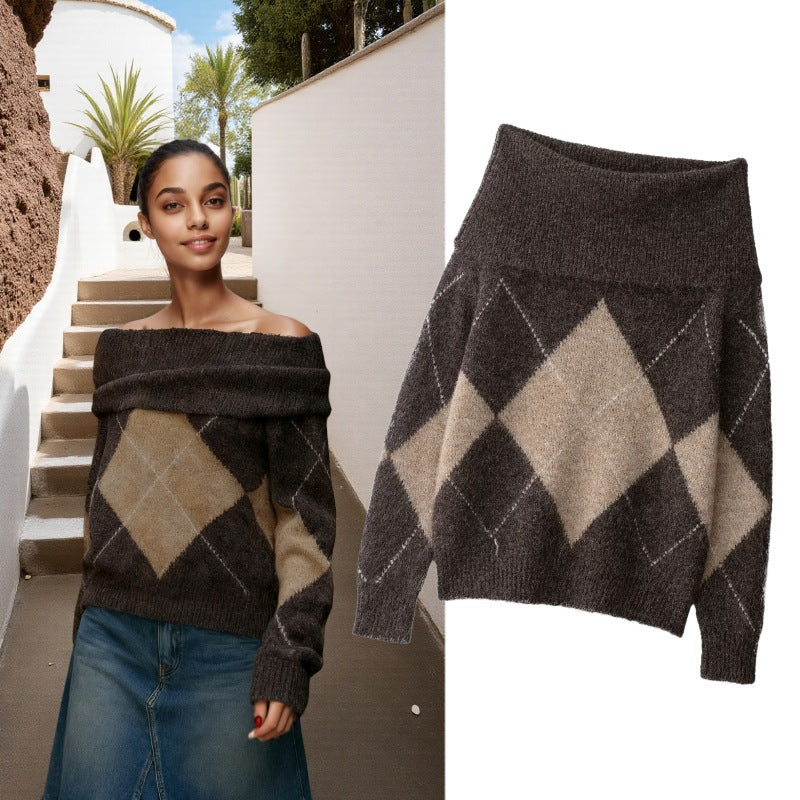 Damen Oversized Strickpullover mit Rollkragen und Rautenmuster Nord Taschen