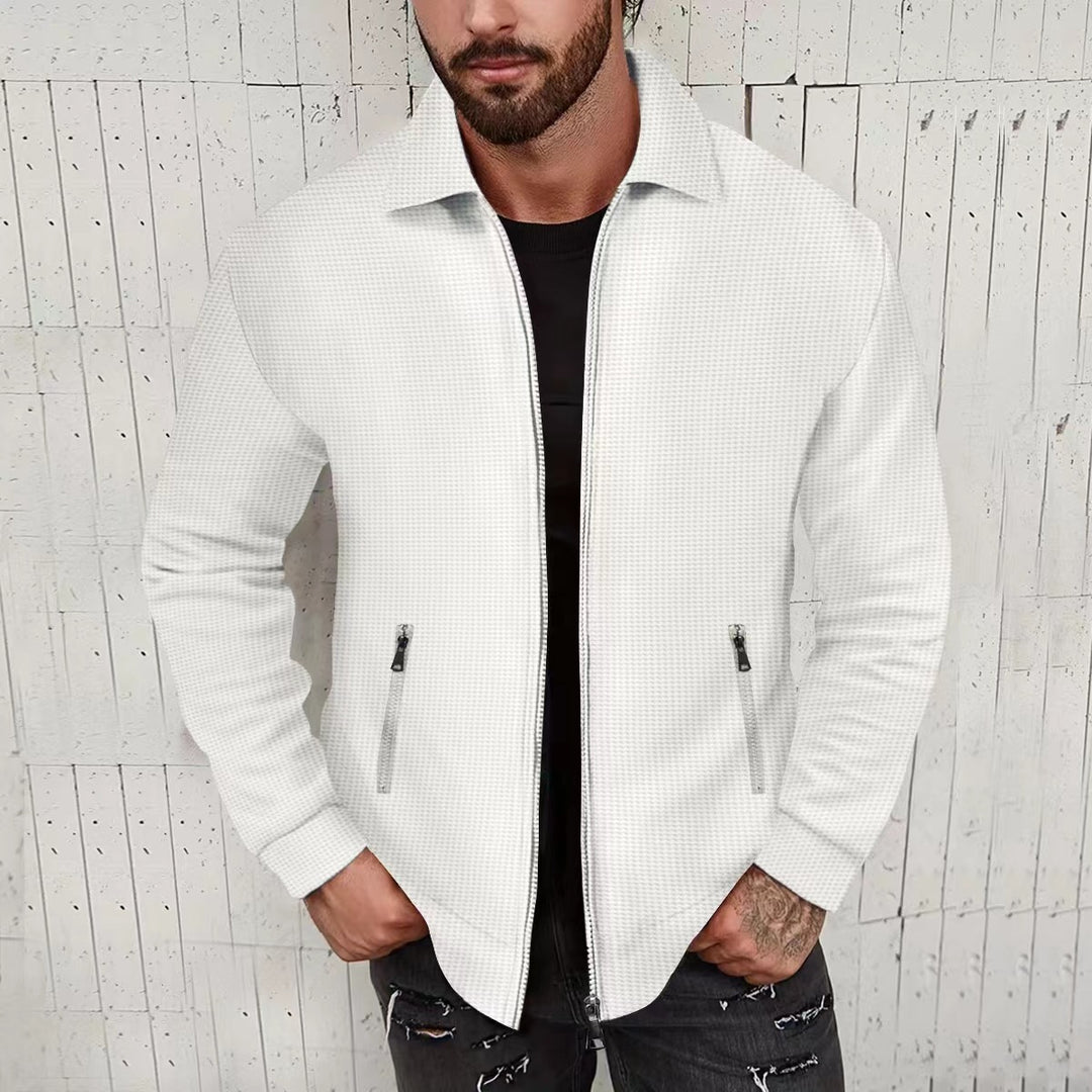 Herren minimalistische Stehkragen-Feinstrick-Übergangsjacke mit Zwei-Wege-Reißverschluss und verdeckten Reißverschlusstaschen Nord Taschen