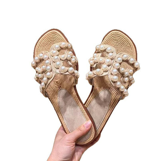 Damen modische Sandalen mit perlverzierten Riemen