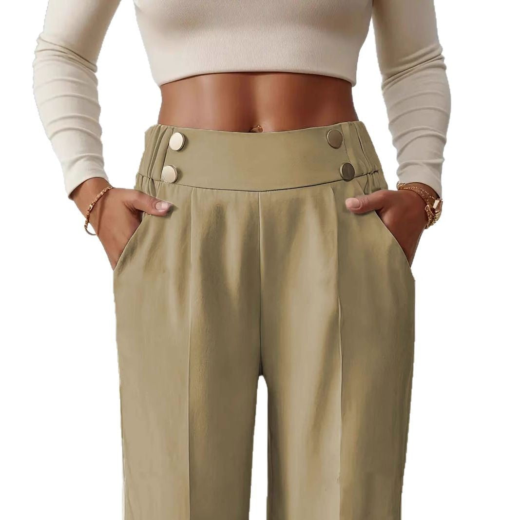 Damen Hochtaillierte weite Marlene-Hose mit Zierknopf-Bund und Bügelfalte Nord Taschen