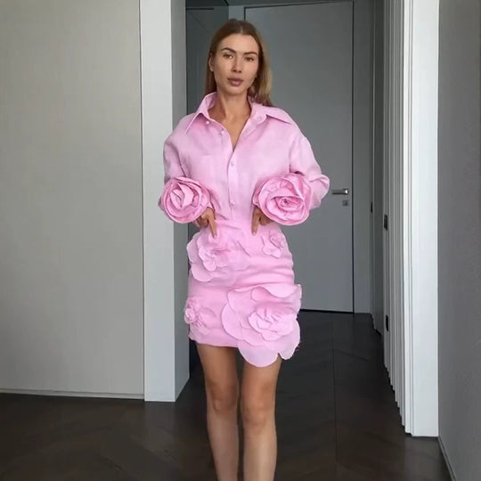 Damen Hemdblusen-Minirock-Set mit voluminösen 3D-Rosenapplikationen und Perlendetails Nord Taschen