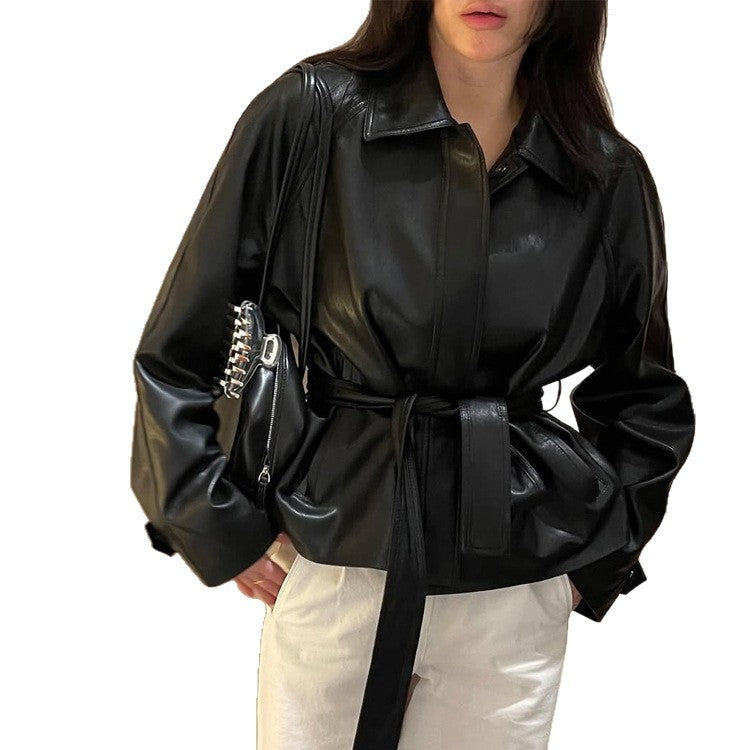 Damen Taillierbare Kunstlederjacke mit Wickelgürtel und kastiger Silhouette Nord Taschen