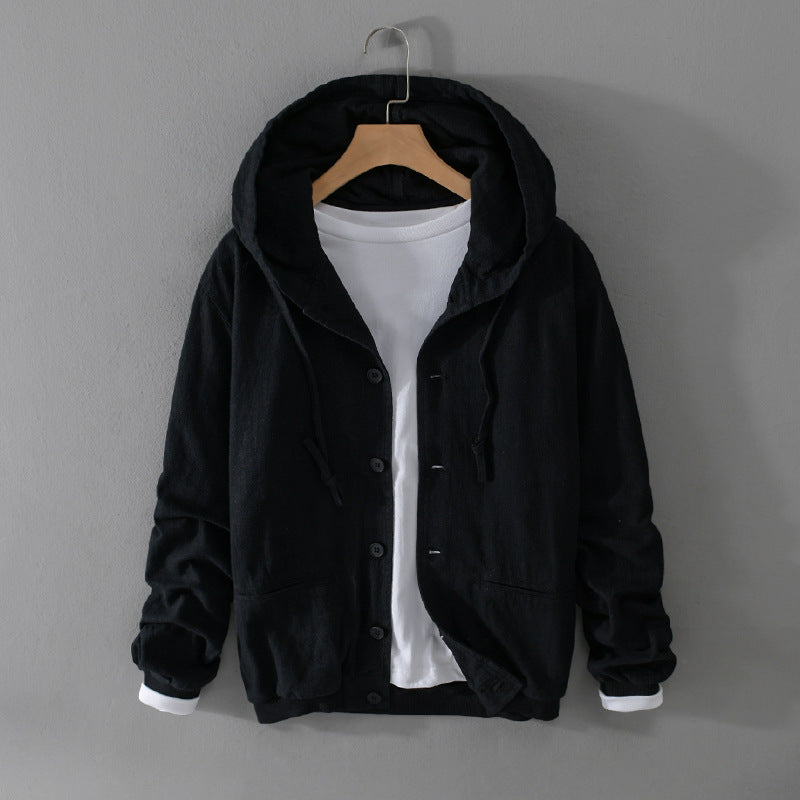 Herren Leichte Leinen-Hoodiejacke mit Knopfleiste und Kordelzug Nord Taschen