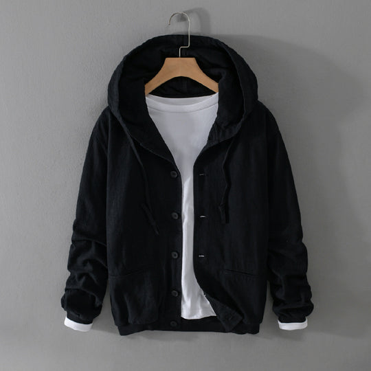 Herren Leichte Leinen-Hoodiejacke mit Knopfleiste und Kordelzug Nord Taschen