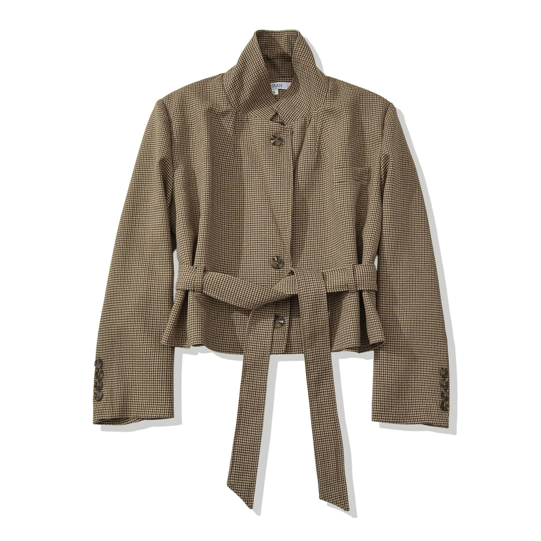Damen Cropped Blazer mit Taillengürtel, Hahnentrittstruktur und Reverskragen Nord Taschen