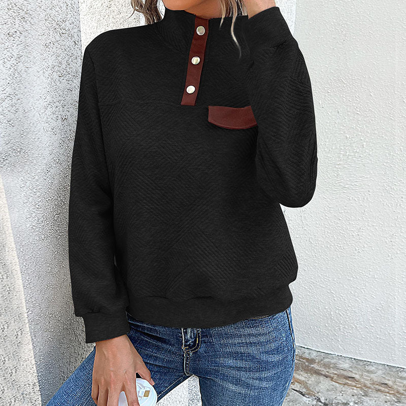 Damen Texturierter Stehkragen-Sweatshirt mit Druckknopf-Leiste und Zierpatte Nord Taschen