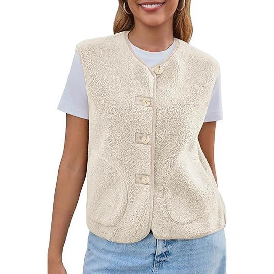 Damen Teddy-Fleece-Weste mit Rundhalsausschnitt und Knopfverschluss Nord Taschen
