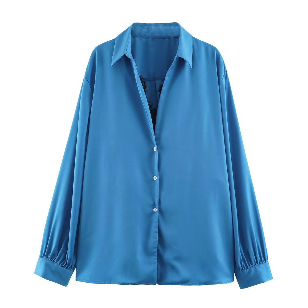 Damen Seidige Oversize-Bluse mit Spitzeneinsatz und Hemdkragen Nord Taschen