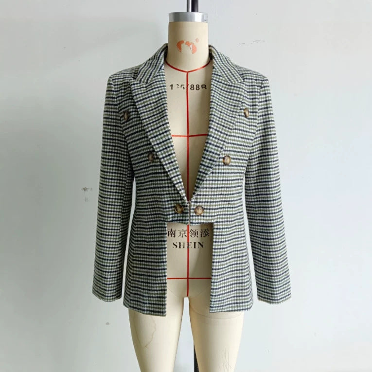 Damen Doppelreihiger Glencheck-Blazer mit taillierter Silhouette und kontrastiertem Innenfutter Nord Taschen