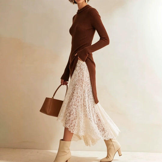 Damen Midikleid aus tailliertem Feinstrick mit asymmetrischem Spitzen-Volant Nord Taschen