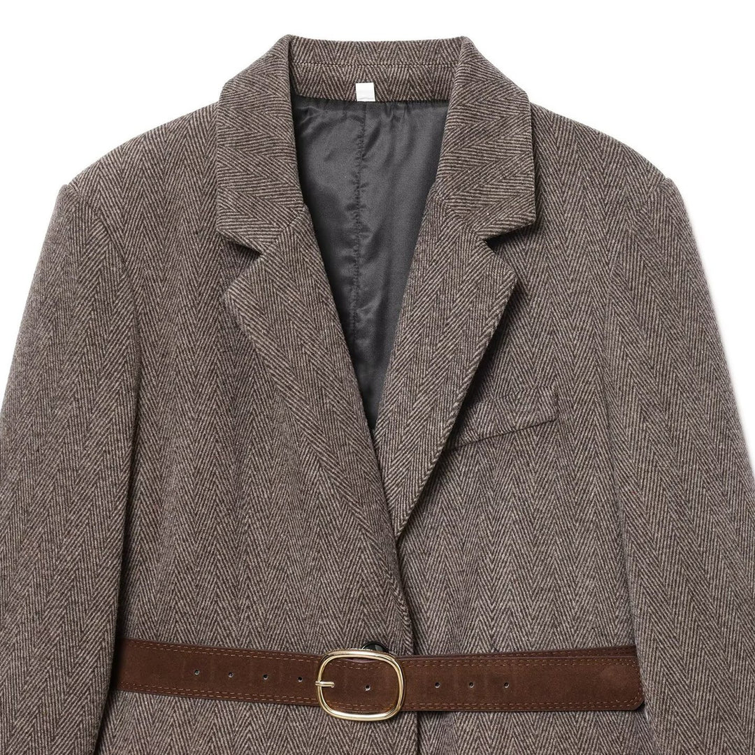 Damen Taillierter Herringbone-Blazer‑Mantel mit Bindegürtel Nord Taschen