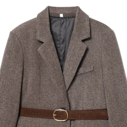 Damen Taillierter Herringbone-Blazer‑Mantel mit Bindegürtel Nord Taschen