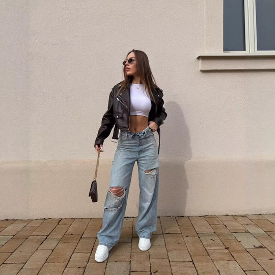 Damen Weite High‑Waist Jeans mit markanter Riss‑ und Used‑Optik Nord Taschen