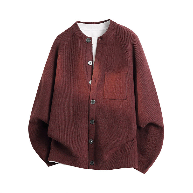 Unisex Leichter Feinstrick-Cardigan mit Rundhalsausschnitt, Brusttasche und Raglanärmeln Nord Taschen