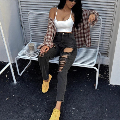 Damen hochgeschnittene Ripped-Mom-Jeans mit mehreren Knie-Cutouts und relaxed Straight-Schnitt Nord Taschen