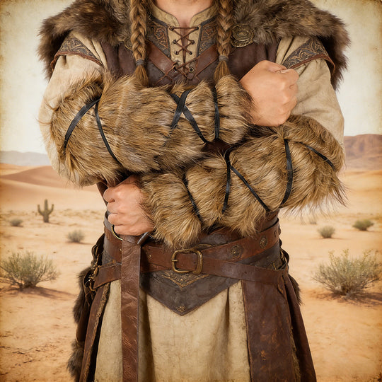 Herren Wikinger‑inspirierte Kunstpelz‑Armstulpen mit verstellbaren Wickelriemen Nord Taschen