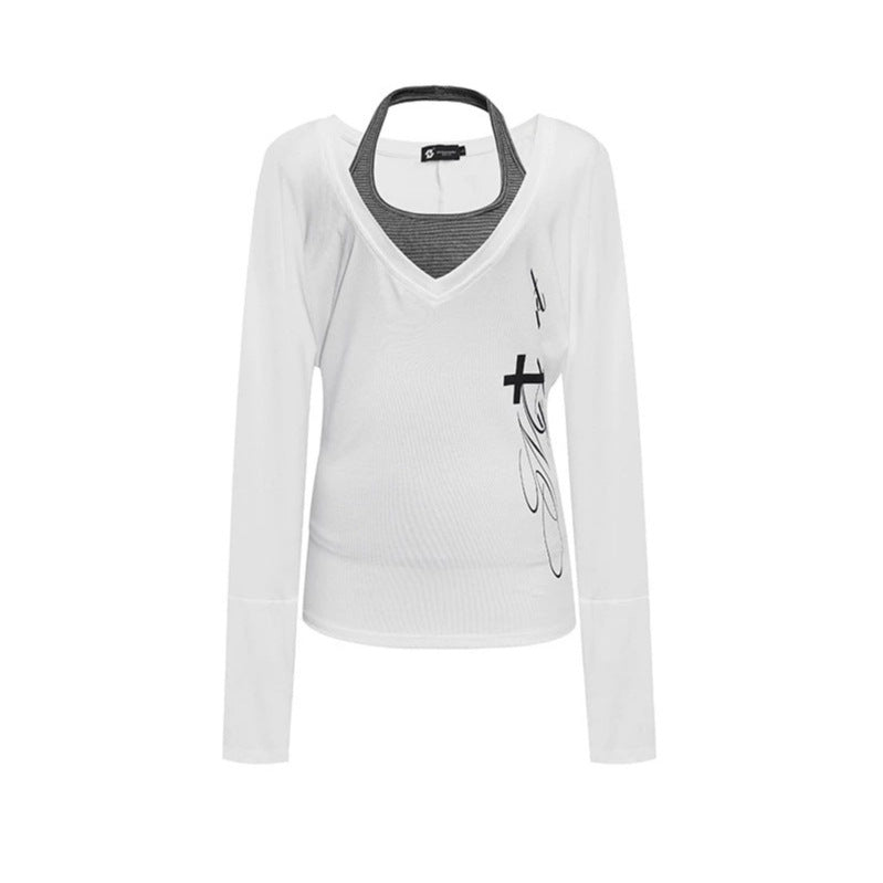 Damen Lagen-Langarmshirt mit tiefem V-Ausschnitt, Neckholder-Innenlayer und seitlichem Script-Print Nord Taschen