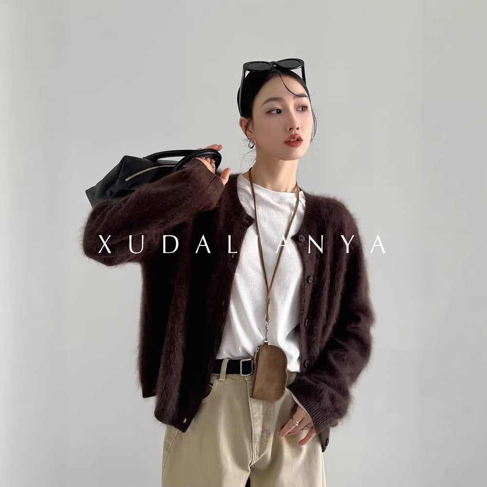 Damen Flauschiger Mohair-Optik V-Ausschnitt-Cardigan mit Knopfleiste Nord Taschen