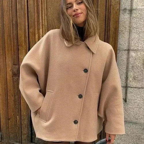 Damen Oversized Wollmix Boxy-Kurzmantel mit Reverskragen und Eingrifftaschen Nord Taschen
