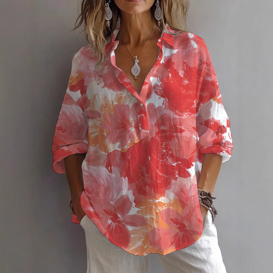 Damen lässige Bluse mit floralem Musterdruck und Knopfleiste Nord Taschen