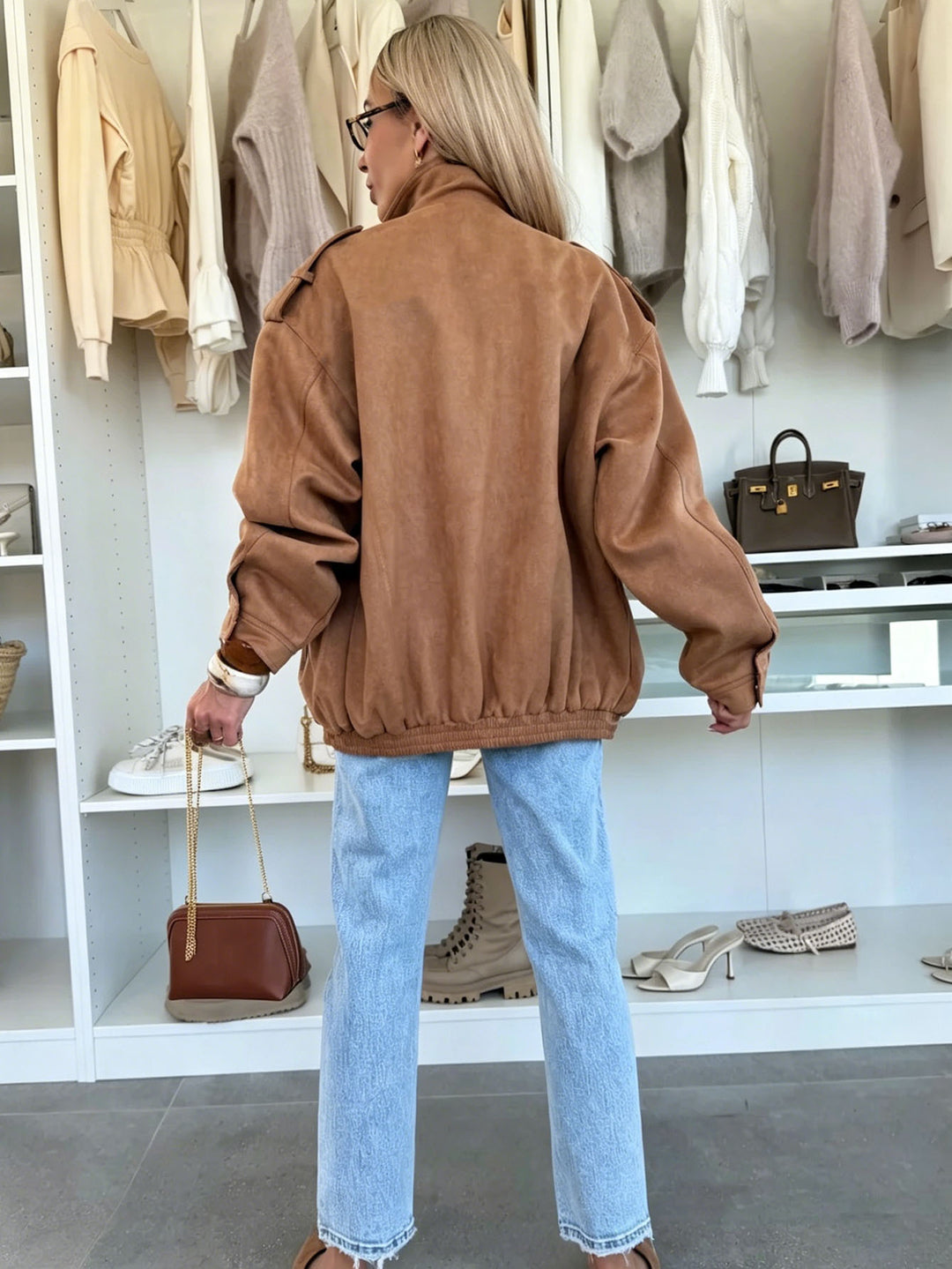 Damen Oversized Jacke in Wildleder-Optik mit Brusttaschen und Epauletten Nord Taschen