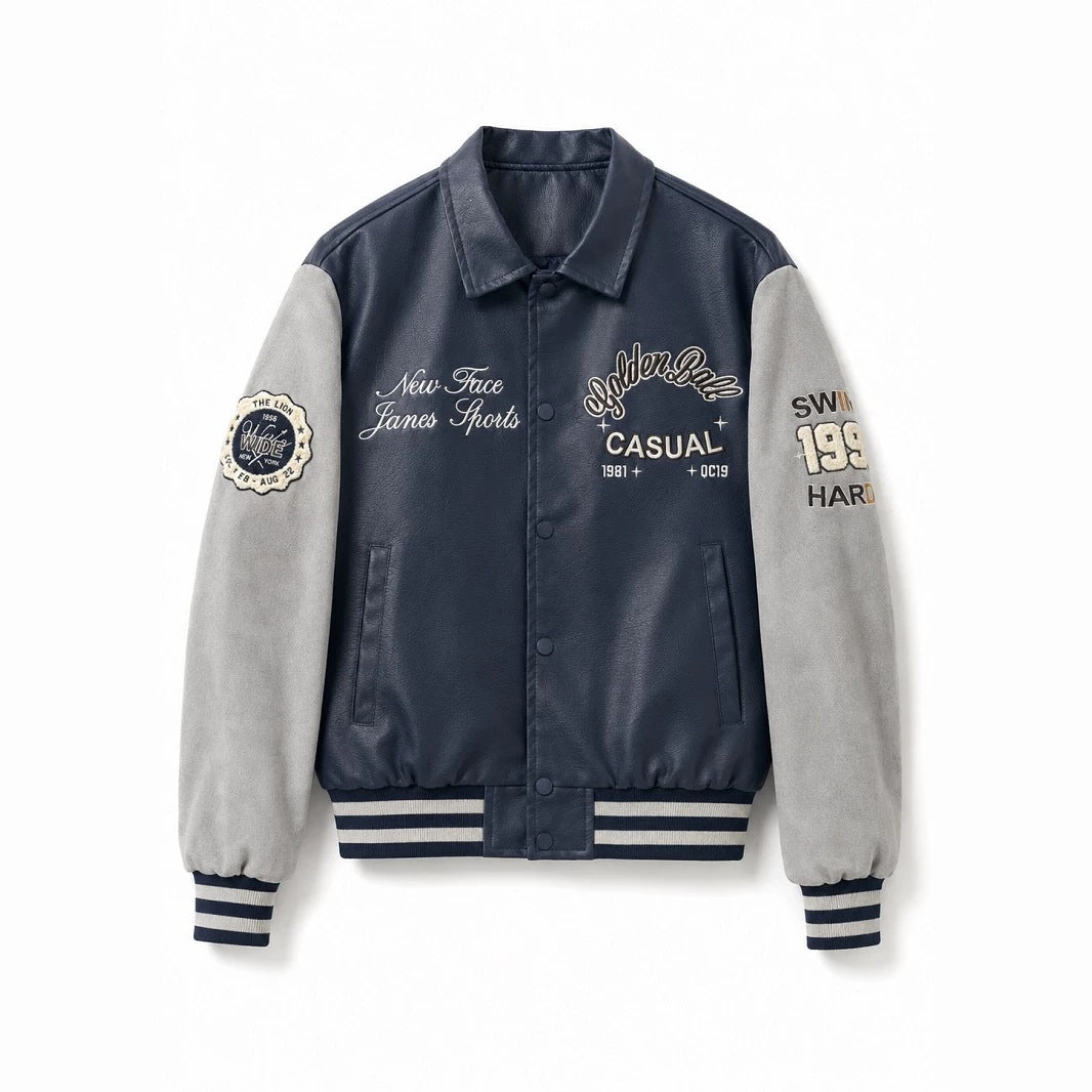 Herren Varsity-Bomberjacke im College-Stil mit Kunstleder-Körper, Veloursleder-Optikärmeln und bestickten Patches Nord Taschen